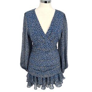 Bardot Floral V-Neck Long-Sleeve Mini Dress Ruffled Ruched Blue Size XL